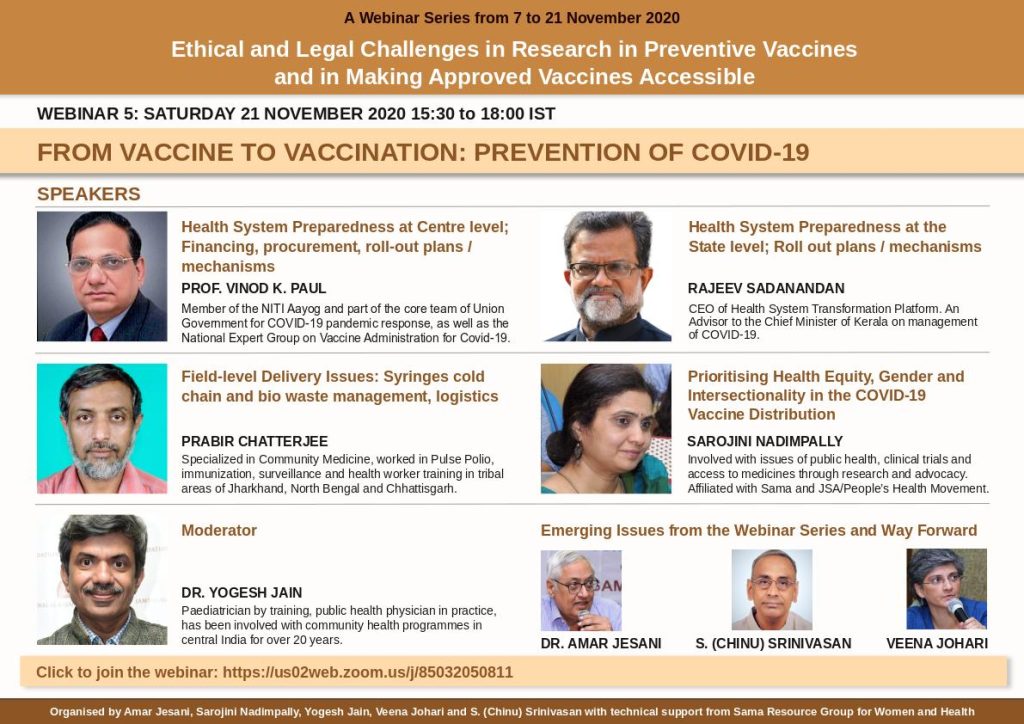 Flyer of the 5th Webinar, topic From Vaccine to Vaccination: Prevention of Covid-19