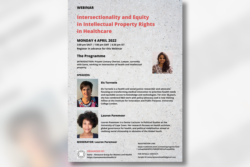 Poster of Webinar announcement: Intersectionality and Equity in IPR in Healthcare, being organized by Sama on 4 April 2022.